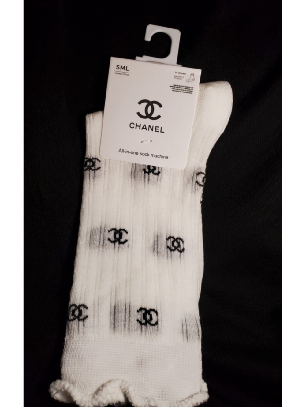 Whimsical White, ribbed-knit thin long (3/4) socks with ruffles.